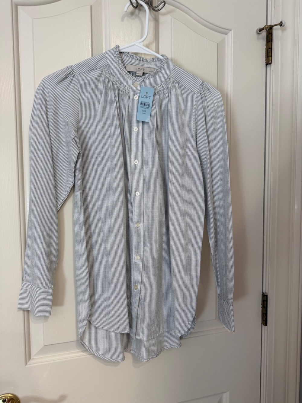 NWT XXSP LOFT Black and White Striped Button-Down Collarless Shirt